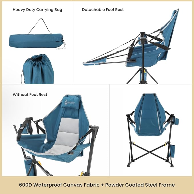 Arrowhead Outdoor Folding Hammock Camp Chair with Detachable Footrest Stabilized Feet Padded Headrest and Seat Large Cup Holders 300 LBS Weight Capacity for Camping Beach Tailgating