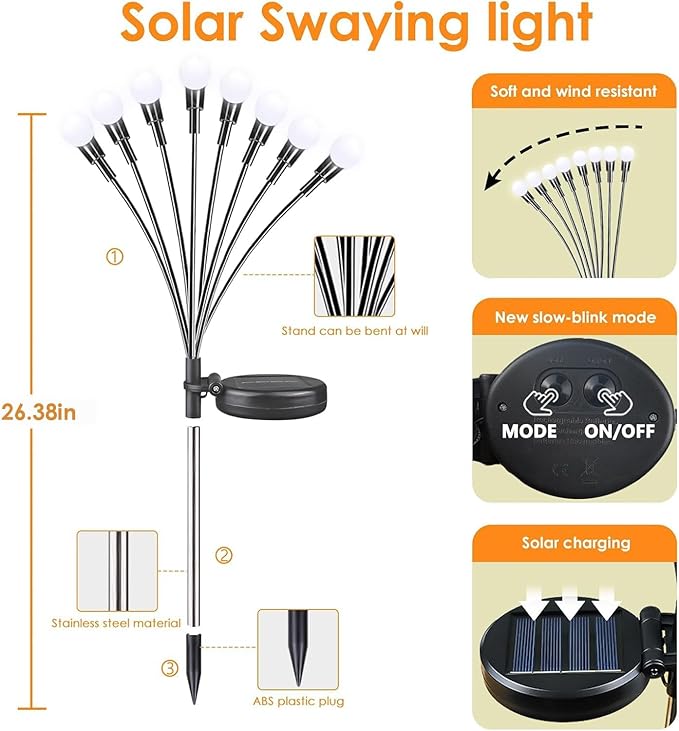 Solar Garden Lights 8 Pack 64LED Solar Firefly Lights Waterproof Garden Light Outdoor with 2 Lighting Modes Swaying Light for Outside Yard Walkway Patio Lawn Flower Bed Decoration (Cool White)