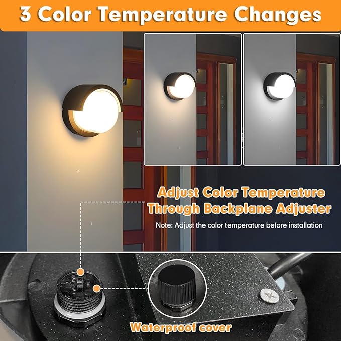 Outdoor Wall Lights 2 Pack 6 Inch Modern LED Wall Sconces 1200LM 3CCT Selectable (3200K/4000K/6500K) IP65 Waterproof Black Aluminum Exterior Light Fixtures for House Porch Garage