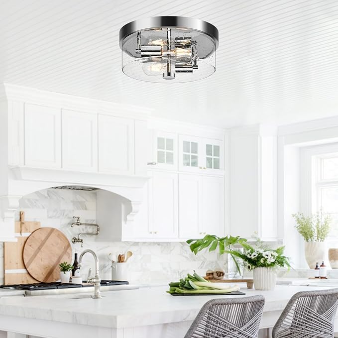 Flush Mount Ceiling Light Fixtures 2-Light Chrome Ceiling Mount for Farmhouse with Seeded Glass Lampshade Industrial Hall Flush Mount Light Fixture for Hallway Kitchen Entryway Bedroom and Foyer