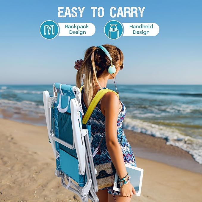 Old Bahama Bay Reclining Beach Chair Backpack 5-Position Lay Flat Lounge Chair for Adults Heavy Duty Portable Folding Lightweight with Cooler Bag Camping Chair for Sand Outdoor