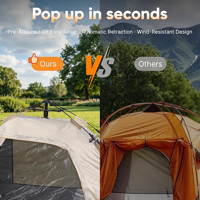 Golabs CT3 2 Person Instant Camping Tent 1-Minute Setup by Pre-Attached Pole 4 Side Mesh &amp Door Ventilation Lightweight 4.8lbs Portable Design with Carry Bag Inner Storage Pockets &amp Hooks