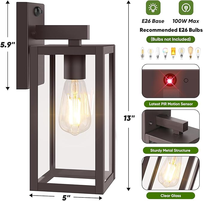 Upgraded Motion Sensor Outdoor Wall Light 13” Dusk to Dawn Porch Light Outdoor Wall Sconce Lantern 3 Lighting Modes Exterior Lighting Fixture Wall Mount Outside Light for House Garage Patio Brown