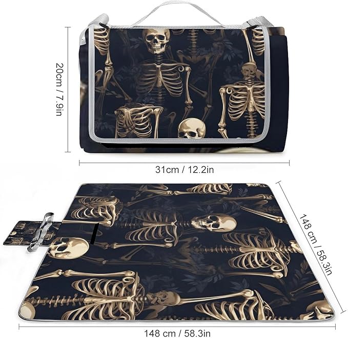 Vintage Halloween Black Victorian Gothic Skull Damask Waterproof Outdoor Picnic Blanket Sandproof Beach Mat for Camping Hiking Grass Travelling