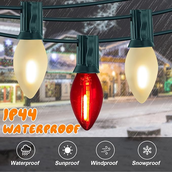 C7 LED Red and Frosted White Christmas Lights 25FT Outdoor Christmas Decorations String Lights with 27 Shatterproof LED Bulbs Hanging Vintage Christmas Light for Outdoor Garden Wedding Roofline Patio