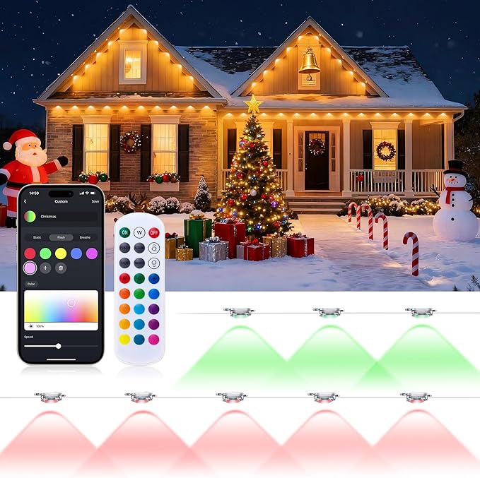 150FT Permanent Outdoor Lights -RGB Eaves Lights with App Control RemoteDIY Scene Modes IP67 Waterproof Outside LED Light for Christmas Holiday Daily House Roof Eternity Lighting