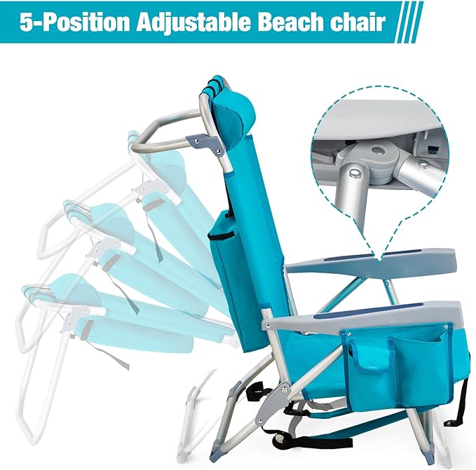 Beach Chairs for Adults Compact Portable Lay Flat Folding Beach Chair with Backpack Straps and Large Cooler Pouch Support to 220LBS (Mint Green)