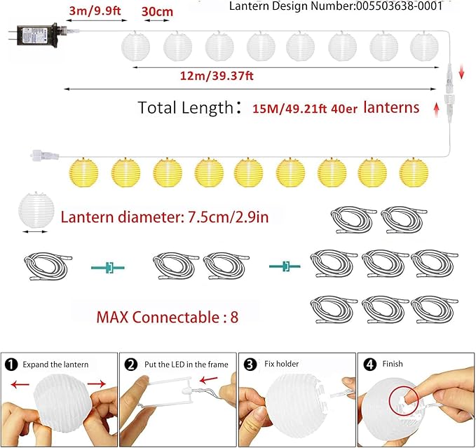 Solar Lantern String Lights Waterproof Outdoor 40ft 40Led Warm White &amp Multi-Color Garden Lights Hanging Hemp Rope Nylon Lanterns with Remote Timer for Yard Balcony Fences Porch