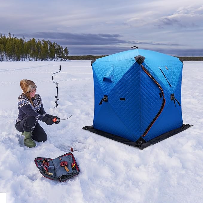 Portable 1-2 Person Ice Fishing Tent Ventilated Double Window Fishing Tent with Ice Nails Windproof Ropes Packing Bag Handbag Warm Padded Cotton Fleece Canvas