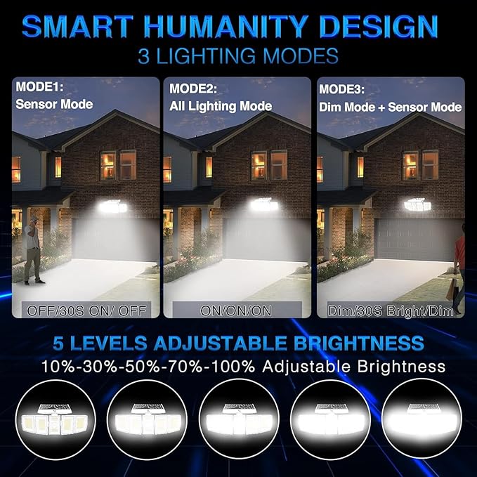 Solar Lights Outdoor Motion Sensor - 400% Brighter 7000K 3000LM 5 Levels Brightness 3 Lighting Modes 2400mAh 360° Wide Angle Illumination IP65 Waterproof Solar Flood Lights