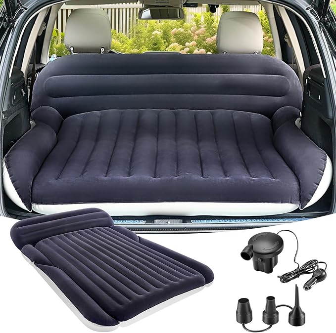 KMZ SUV Air Mattress with 2 Pillows – Thickened and Flocked Car Bed – Portable Travel Pad for Camping &amp Road Trips – Quick Inflate &amp Deflate with External Pump – Navy Blue+Light Gray