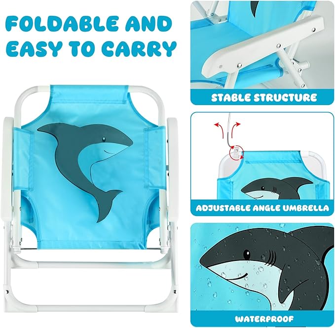 PLULON 2 Pcs Kids Beach Chair with Umbrella Folding Lawn and Camping Chair with Summer Shade for Beach Pool Travel and Outdoor (for 1-5 Years Old)