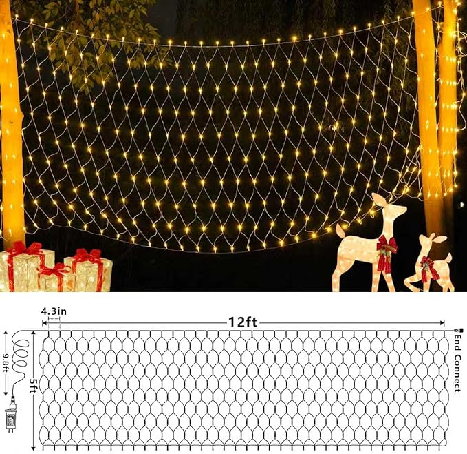 QITONG Net Lights Outdoor Mesh Lights 12ft x 5ft 360 LED Warm White Christmas Light with 8 Modes Connectable Clear Wire Bush Light Plug in