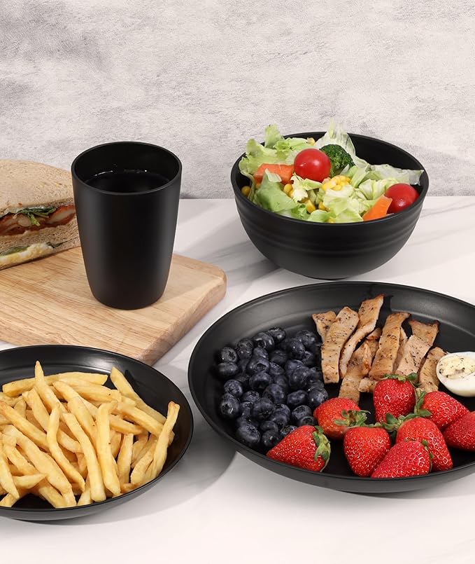 Quatish 20 Piece Plates and Bowls Sets for 5 Unbreakable Dinnerware Sets Plastic Dish Set for Camping Dishwasher Microwave Safe Outdoor Kitchen and Apartment Dinning RV Essentials Black