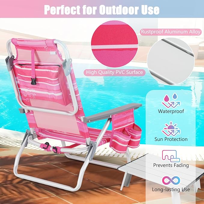 Tangkula Backpack Beach Chair with Table 5-Position Lay Flat Beach Chairs with Cooler Bag 2 Cup Holders Towel Bar Lightweight Low Folding Beach Chair with Backpack Straps