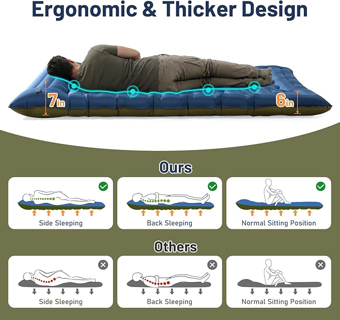 KASBAH Double Inflatable Camping Sleeping PadThick 6 inch 2 Person Ultralight Sleeping Mat with Built-in Foot Pump and PillowCamping Essentials for HikingBackpackingTraveling Tent
