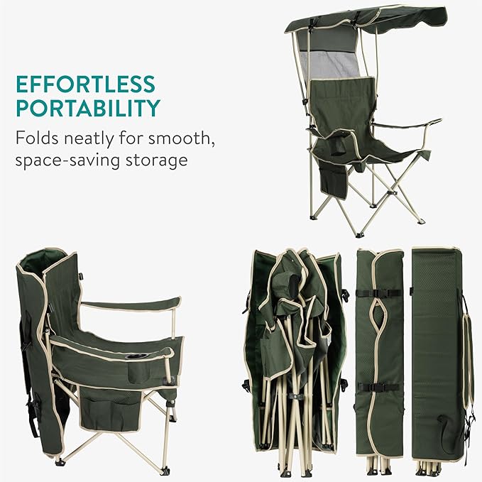 Navaris Foldable Beach Chair with Canopy Shade - Folding Chairs for Adults with Sun Umbrella for Outdoor Use - Lawn Beach Sports Camping Picnics - Lightweight &amp Easy to Carry