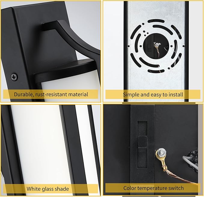 18 Inch Modern Outdoor Wall Lights Dimmable LED Black Exterior Wall Sconce Lighting Fixtures with Milk Glass Rectangular Outdoor Lights for Garage House Porch