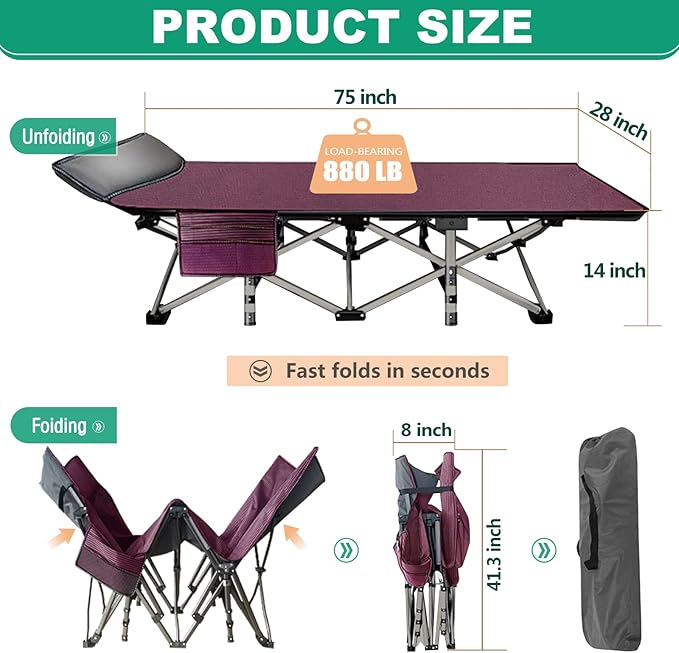 LILYPELLE Folding Camping Cot Extra Wide Heavy Duty Sleeping Cots with Carry Bag Double Layer Oxford Portable Travel Camp Cots for Home Office Nap and Outdoor Beach