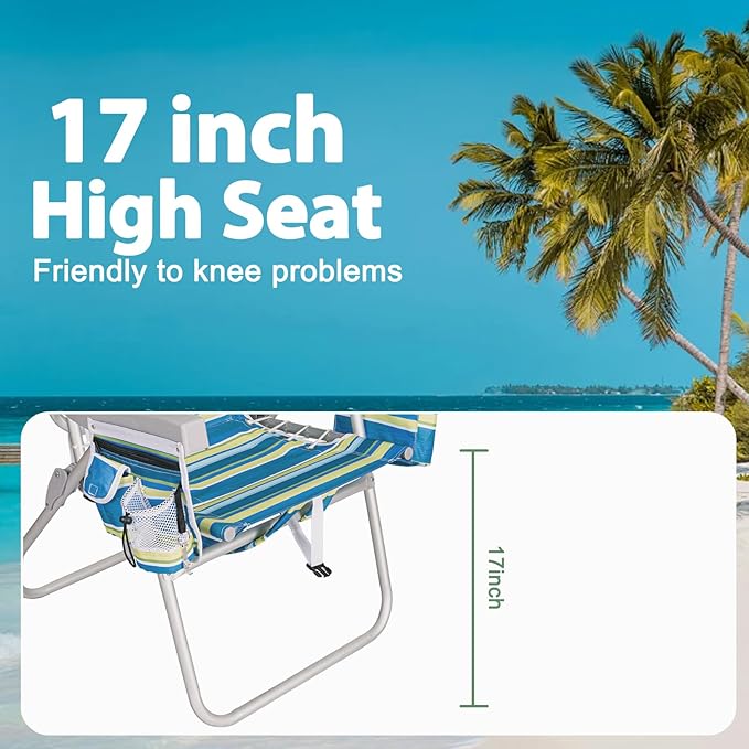 Romswi Tall Beach Chair for Adults 17 High Seat Backpack Beach Chair with Cooler Bag Cup &amp Phone Holder 5-Position High Back Reclining Chair with Towel Bar &amp Zipper Pocket Blue Stripes