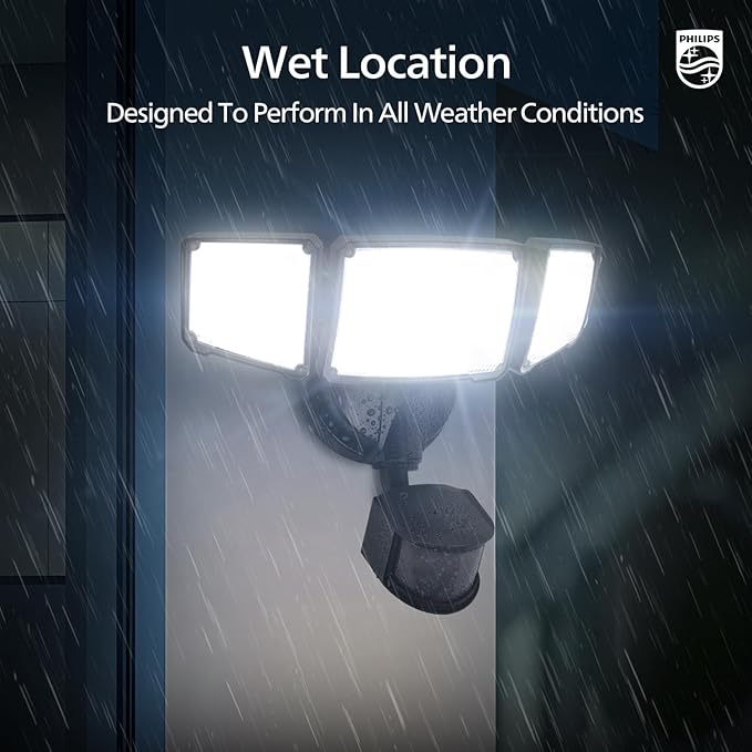Philips 72W 7400LM LED Security Lights w/PIR Motion Sensor Outdoor 5000K Daylight Dusk to Dawn Aluminum Flood Light 3 Adjustable Heads Waterproof for Garage Yard Porch