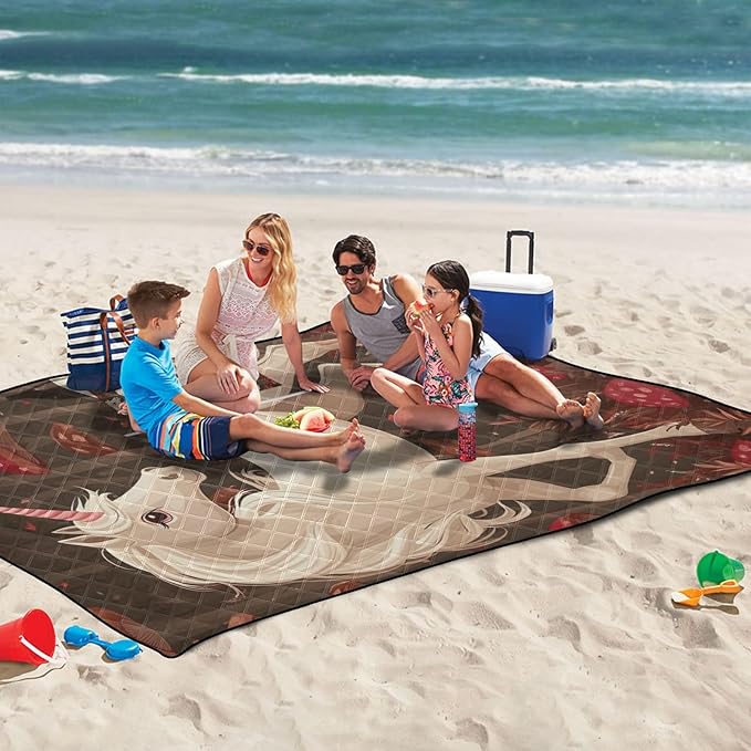 KLL Robust unicorns Burgundy Waterproof Beach Necessities Portable Grass Outdoor Playmat for 8 To 10 Adults Couples Gift mantas para dia de campo