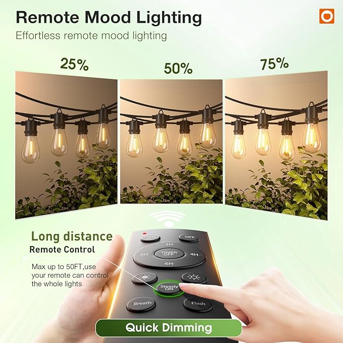 addlon 50FT LED Outdoor String Lights Remote Dimmable Patio Lights with Timer &amp 3 Lighting Modes 16 Shatterproof Edison Bulbs Waterproof Connectable String Lights for Outside Backyard Party Déc