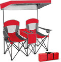 GYMAX Double Camping Chair Beach Chair with Canopy Shade Adjustable UV Protection Cooler Cup Holder &amp Carry Bag Folding Portable Lawn Soccer Camp Chair with Umbrella for Adults (Red 2 Person