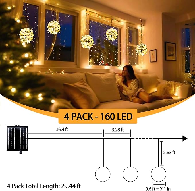 Christmas Solar String Lights Outdoor 4Pc 160LED 29.5ft Solar Powered Globe Fairy Lights Waterproof 8 Modes Ball Lights Outside for Tree Garden Yard Porch Lawn Holiday Decor Warm White