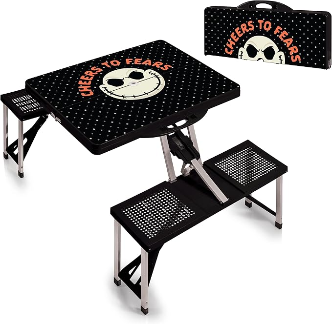 PICNIC TIME Disney Minnie Mouse Folding Picnic Table with Seats Collapsible Aluminum Table and Bench Set with Umbrella Hole Lightweight Portable Table for Camping TravelTailgating Backyard (Red)