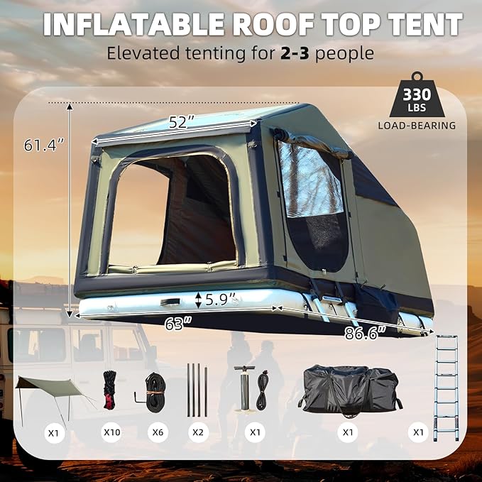 YOLENY Inflatable Camping Tent with Air Cushion Extended Canopy 2 TPU Skylight &amp Telescopic Ladder Roof-Top Compatible Blow Up Tent Waterproof Full Dull Poly Textured Oxford for 4 Season Use