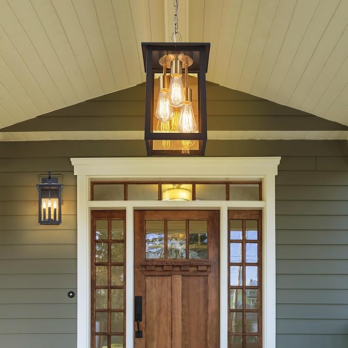 3-Lights Large Outdoor Pendant Light with Clear Glass17Inch Ht Exterior Hanging Lantern with Textured BlackSuit for Damp LocationsEasily Installed on Your Porch &amp Patio Yard Garden.