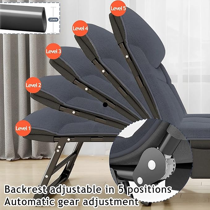Portable Outdoor Folding Lounge Chair with Adjustable Sleeping Cot Dark Gray Chaise Lounge Chair for Beach Lawn Camping Pool Sun Tanning