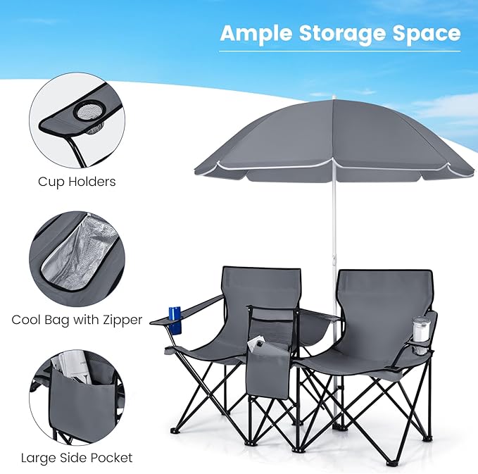 Double Camping Chair with Canopy Folding Camp Chairs w/Cup Holder Cooler &amp Carry Bag Table Side Pocket 2 Person Portable Beach Chair with Umbrella for Picnic Fishing (Grey)