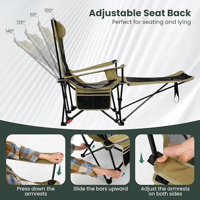 Tangkula Reclining Camping Chair 2 in 1 Porable Folding Lawn Chair with Removable Footrest 4-Position Adjustable Backrest Cup Holder &amp Side Pocket Carry Bag (2 Green)