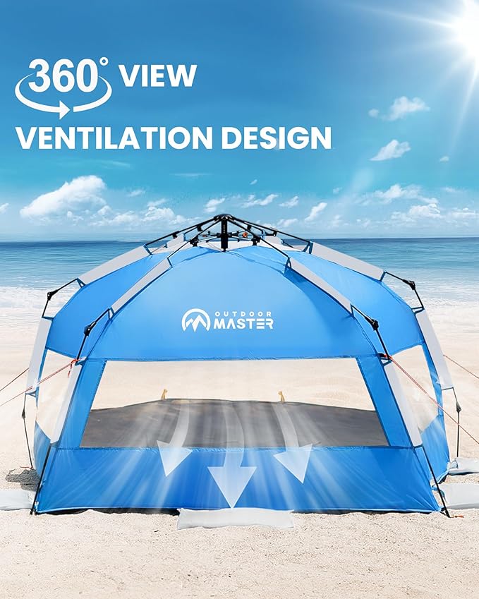 OutdoorMaster Beach Tent with Blackout Shelter Technology Portable Sun Shade Shelter 4 Person Pop Up Beach Tents with UPF 50+ UV Protection 9.5mm Thick Pole 3 Ventilating Mesh Windows