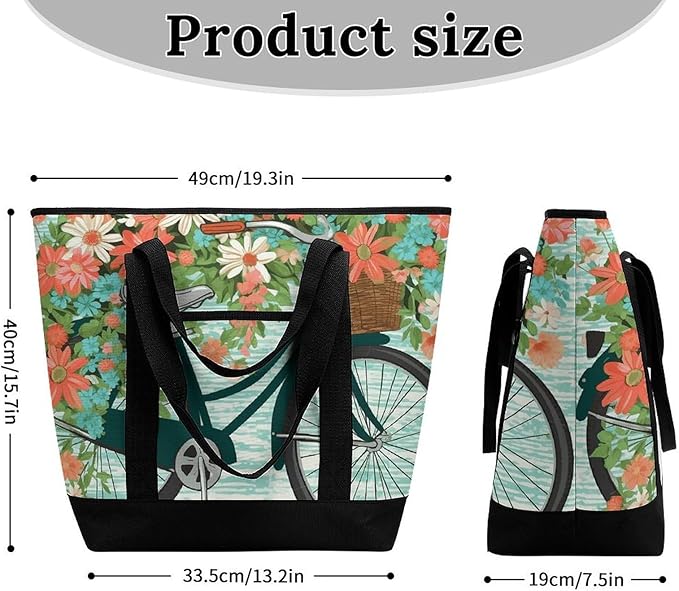 Insulated Shopping BagLarge Reusable Cooler Bags Bicycle with Flower Printed Foldable Shopping BagTravel Waterproof Shoulder Bag