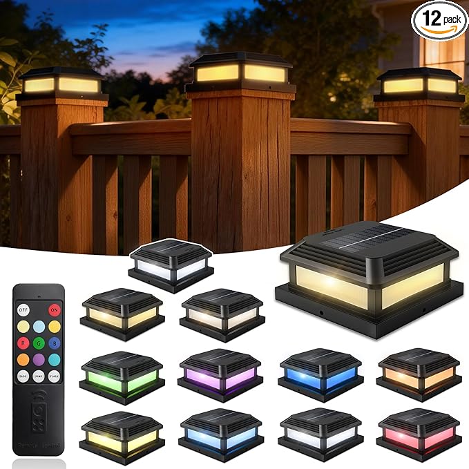 Solar Post Cap Lights Outdoor with Remote 12 Pack Waterproof RGB Color Changing Fit 4x4 5x5 Wood/Vinyl Posts Black Fence Post Solar Lights with 12 Color Modes for Deck Patio Garden Decoration