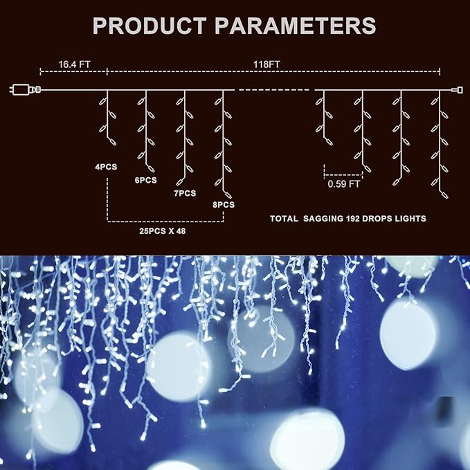 LED Icicle Lights for Outdoor Christmas Decorations118Ft 1200 LEDs Christmas Fairy Light with Timer&ampMemory Function8 Lighting ModesPlug in hanging Curtain Lights for Xmas Party(Cool White)