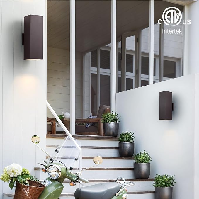 mirrea 18 Modern Outdoor Porch Light Patio Light in 2 Lights with Aluminum Rectangular Tube and Tempered Glass Cover Waterproof Wall Sconce 2 Pack (Oil Rubbed Bronze)
