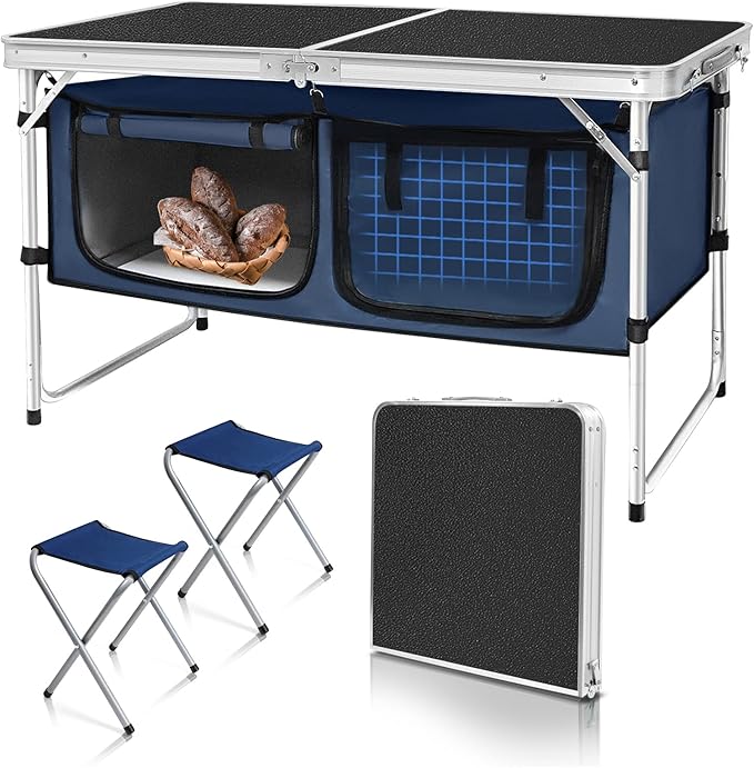 Folding Camping Table with Storage Compartment Aluminum Lightweight Camp Kitchen Table Height Adjustable Indoor/Outdoor Table Perfect for Tailgating Backyards BBQ Picnic (Black-Wide W/Stool)