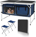 Folding Camping Table with Storage Compartment Aluminum Lightweight Camp Kitchen Table Height Adjustable Indoor/Outdoor Table Perfect for Tailgating Backyards BBQ Picnic (Black-Wide W/Stool)