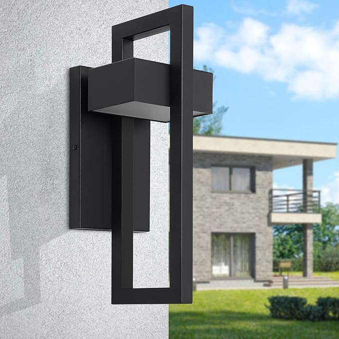 Krychiler 13.6 Inch Contemporary Outdoor Wall Lights with 3000K Integrated LED 2 Packs Matte Black Metal Modern Exterior Lighting Fixtures Outside Wall Mount for House Porch Patio Garage Front Door