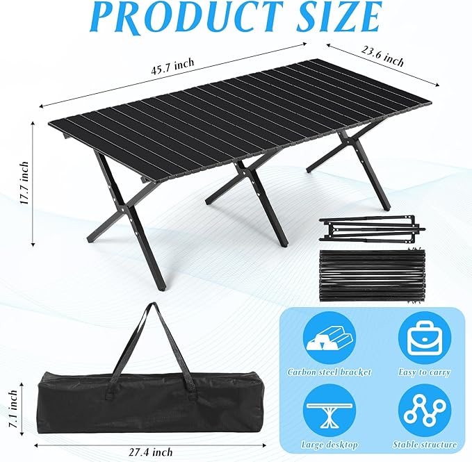 Suzile 2 Pack 4FT Folding Camping Table Roll Up Portable Camp Table with Carry Bag Low Collapsible Lightweight Aluminum Outdoor for Camping Picnic Beach Patio Kitchen(Black)