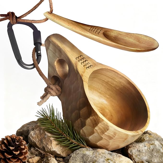Nordic Kuksa 8oz (225ml) w/spoon Handcrafted Wooden Camping Cup Set - Bushcraft Gear. Crafted from natural hardwood. Wilds-to-Home Ready! Classic Wood Turtle Double Hole.