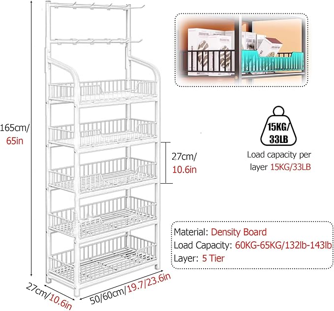 5-Tier Black Ack Rack Display Stand with Hooks - Floor Standing Potato Chip Shelf for Kitchen &amp Commercial Use Pantry Organizer &amp Food Holder for Break Room - Size: 60x27cm/23