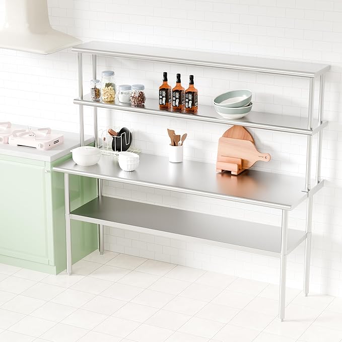Double Overshelf of Stainless Steel 12'' x 72'' Commercial 2 Tier Shelf for Prep &amp Work Table in Restaurant Home and Kitchen (12x72)