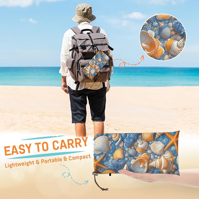 Waterproof Sandproof Beach Blanket 59''×68'' Conch Shells Polyester Outdoor Picnic Blanket with 4 Stakes &amp Storage Bag for BeachCampingVacation Oceans