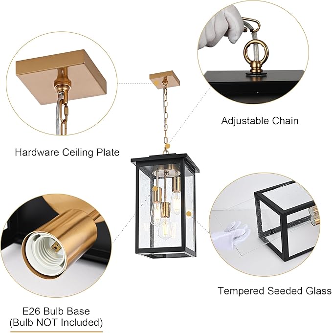 TODOLUZ 3-Lights Large Outdoor Pendant Light Waterproof Exterior Height Adjustable Hanging Lighting with Seeded Glass Panel &amp E26 Bulb Base Modern Porch Ceiling Lamp for Porch Patio Garden