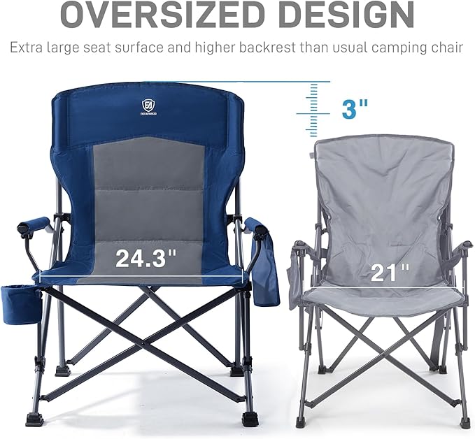 EVER ADVANCED Oversized Folding Camping Chair for Adults Heavy Duty Lawn Chair with Side Pockets Portable Collapsible Quad Chair for Outside Support Up to 500lbs Blue